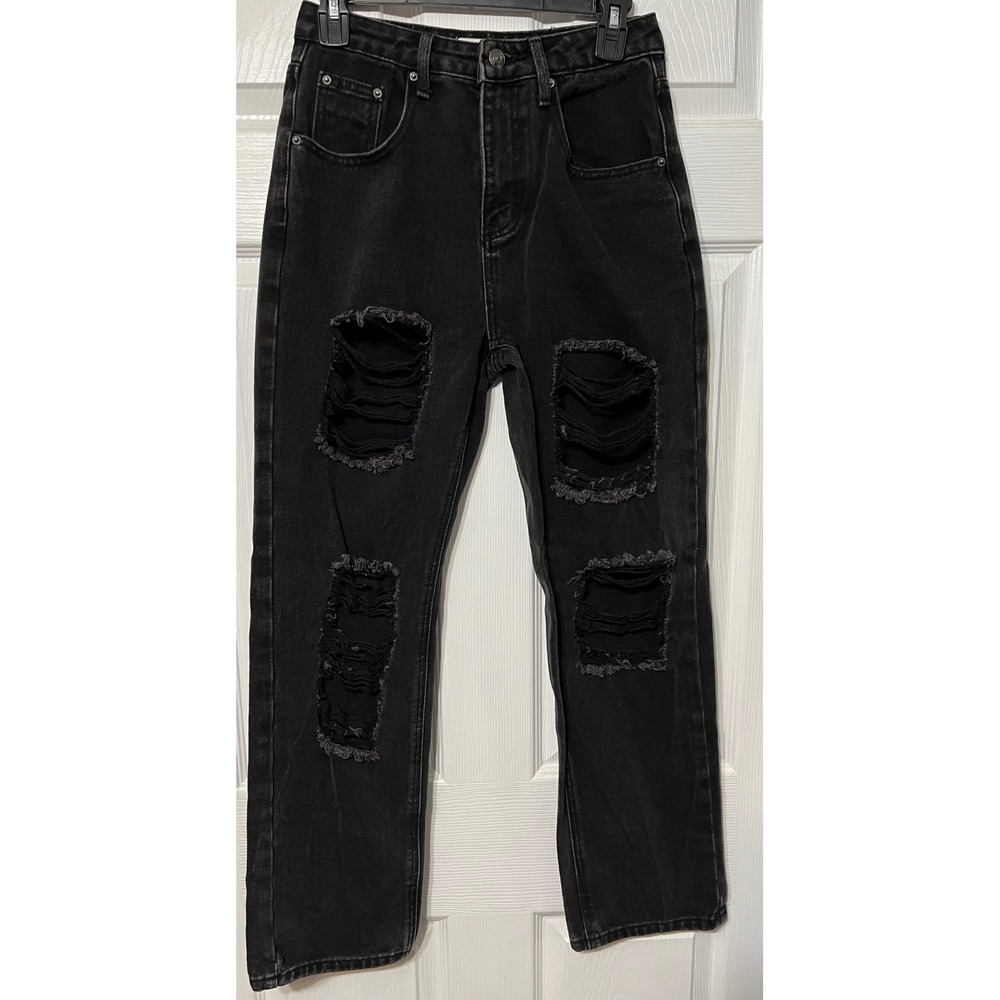 Black Distressed Ripped Genleck Denim Jeans -‎ Grunge Punk Streetwear Women's XS